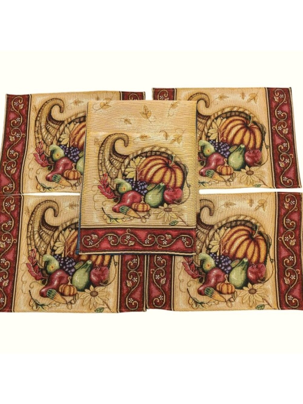 Vintage Woven Tapestry Thanksgiving Runner and placemat set 5 pieces Fall Autumn